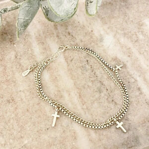 925 Sterling Silver Box Chain Bracelet Dangle Cross Bracelet Dainty Bracelet